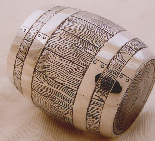 Custom Silver Cup in a shap of a Barrel Closeup