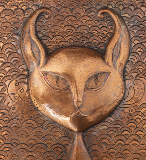 Custom Copper Panel with Art Deco Cat close up of head